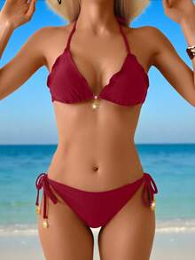 Swim Vcay Women's Summer Vacation Gold Sun Decor Black Bikini Set, Beach Outfit - Burgundy - View 1