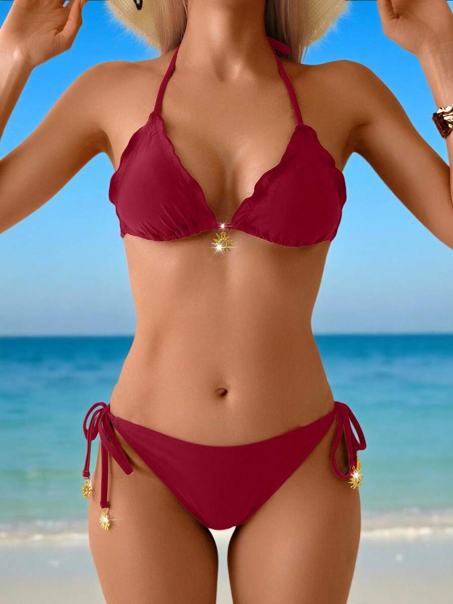 Swim Vcay Women's Summer Vacation Gold Sun Decor Black Bikini Set, Beach Outfit - Burgundy - View 1