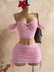 Soleia Women's Vacation Beach Solid Color Off-Shoulder Cropped Top And Mini Skirt 2-Piece Set - Baby Pink - View 6