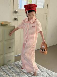 DAZY Bộ đồ ngủ 2 món cho bé gái, gồm áo ngắn tay và quần kẻ sọc dệt kim. - Hồng - Xem 8