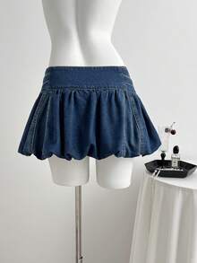 Elamini 女士牛仔褶皱按扣百搭约会之夜休闲迷你裙 - 深色水洗藍 - 查看 2