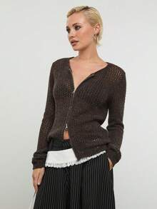 COUREZ Long Sleeve Zip Thru Open Knit Top /Y2K Spring Clothes For Women Brown Knit Hoodie Zip Up Hoodie Cute Going Out Outfits Music Festival Outfits Vacation Outfits Summer Holiday Outfits - Army Green - View 4