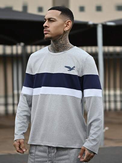 Devon Thys New Autumn Black & White Contrast Color Business Casual Round Neck Men's Long Sleeve T-Shirt, Suitable For Spring/Autumn Daily Wear