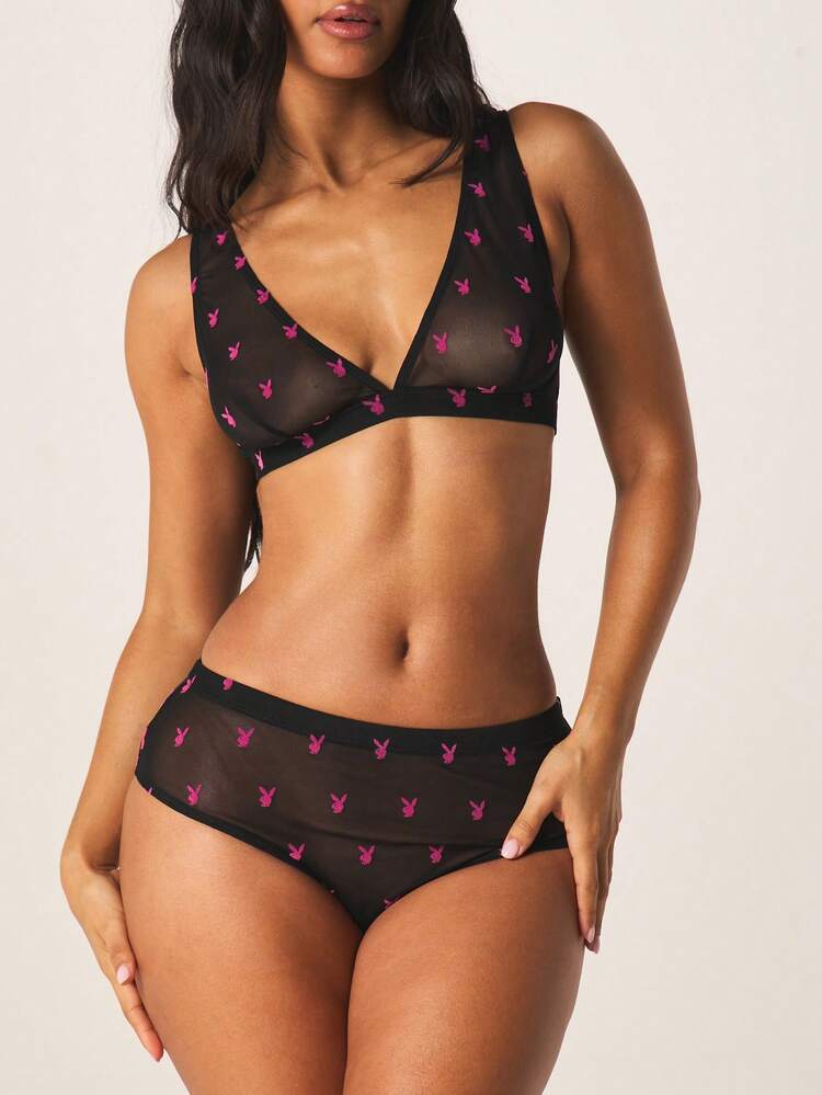 Missguided x Playboy Intimate Flock Mesh Bralette And High Waist Panty Set With Bunny Print For Special Occasions And Date Nights