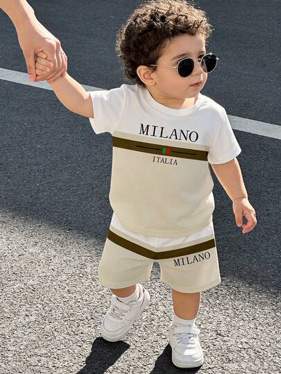 Souflis Souflis Young Boy Casual Classic Color Block Letter Print Round Neck T-Shirt And Matching Shorts Set, Suitable For Summer, Outdoor, Sports, School Wear