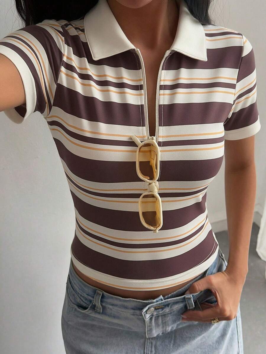 DAZY Áo tank top cổ bẻ kẻ sọc kiểu dáng thường ngày dành cho nữ, mùa hè. - màu nâu - Xem 1