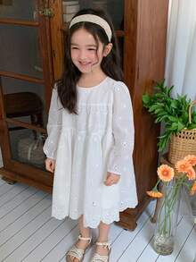 Dazy Kids Đầm suông tay cánh hoa màu trơn kiểu dáng thường ngày cho bé gái, thích hợp cho kỳ nghỉ hè/thu/xuân. - trắng - Xem 2