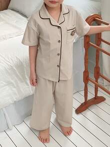 DAZY Young Boy Single-Breasted Patch Short Sleeve Top And Pants Casual Loungewear Pajama Set - Apricot - View 8