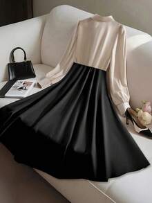 GlowEve Đầm dài tay nữ dáng chữ A, thiết kế phối màu độc đáo, thanh lịch, phù hợp mặc đi làm hàng ngày, phong cách đường phố Pháp cổ điển, đa năng cho kỳ nghỉ và công sở, thích hợp cho mùa Thu/Đông. - màu đen - Xem 2