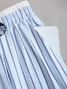 Sweetra French Casual Chic Blue Striped Straight Leg Relaxed Fit Pants, Versatile Design For Spring/Summer Commute, Stylish & - Blue - View 5
