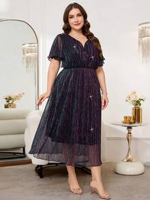 SHEIN Clasi Plus Size Solid Color Notched Neck Elegant Short Sleeve Dress - Multicolor - View 5