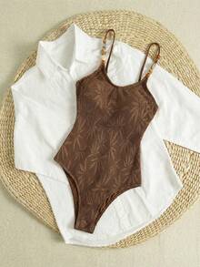 Swim Mod Spring/Summer Knit Jacquard Wireless Spaghetti Strap Criss-Cross Back Elegant One-Piece Swimsuit For Beach Vacation - Coffee Brown - View 3