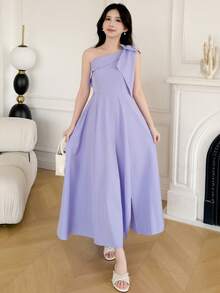 SHEIN Đầm dài màu tím trơn, trễ vai, thanh lịch, thời trang, quyến rũ, gợi cảm, phù hợp cho tiệc sinh nhật, bữa tối, sự kiện buổi tối, giải trí và thư giãn. - Màu tím - Xem 4