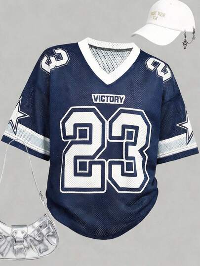 SHEIN 少女V领短袖T恤，宽松短袖撞色T恤，适合春夏街头穿搭、日常百搭、运动、返校、度假、校园风、复活节、音乐节、毕业典礼、家庭聚会等场合。