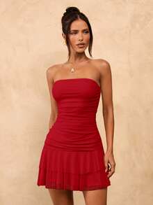 SHEIN BAE Solid Yellow Cream Ruched Fitted Ruffled Hem Mini Dress, Cute Summer Dress, Brunch Dress, Yellow Dress - Red - View 6