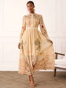 Lilora 女士优雅花卉图案纽扣前开襟中长连衣裙 - 彩色 - 查看 2