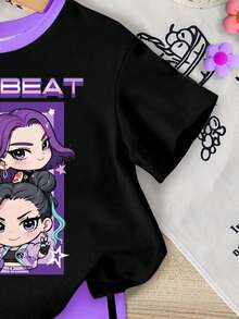 两件套少女休闲时尚韩流卡通图案紫色和黑色撞色短袖圆领T恤和配套短裤套装，舒适的T恤套装，适合少女日常和假日穿着。 - 彩色 - 查看 3