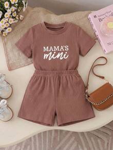 SHEIN Vintaside Kids Cô Gái Trẻ In thư Ngắn tay Áo thun Và Bộ quần short - Màu Hồng  San hô - Xem 6