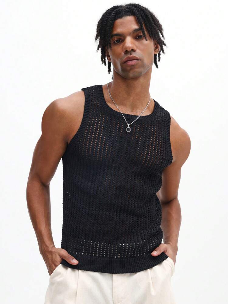 Men's Sleeveless Open Knit Resort Tank Top With Mesh See Through Design Summer Vacation Casual Wear