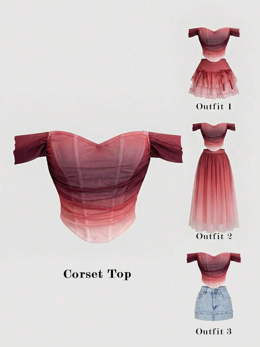 SHEIN MOD 露肩鱼骨装饰褶皱腰部白色束身结构短款上衣 - 藕粉色 - 查看 1