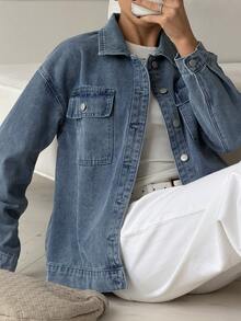 Livesso Women's Long Sleeve Single-Breasted Casual Pocket Denim Jacket - Blue - View 2