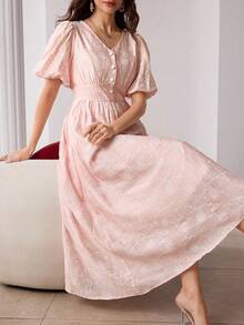Modelyn V-Neck Puff Sleeve Jacquard Front Button Closure Pink Dress - Pink - View 8