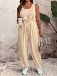 SHEIN LUNE Bộ đồ liền thân không tay đơn giản, đa năng, thường ngày cỡ lớn dành cho nữ - Màu Khaki - Xem 1