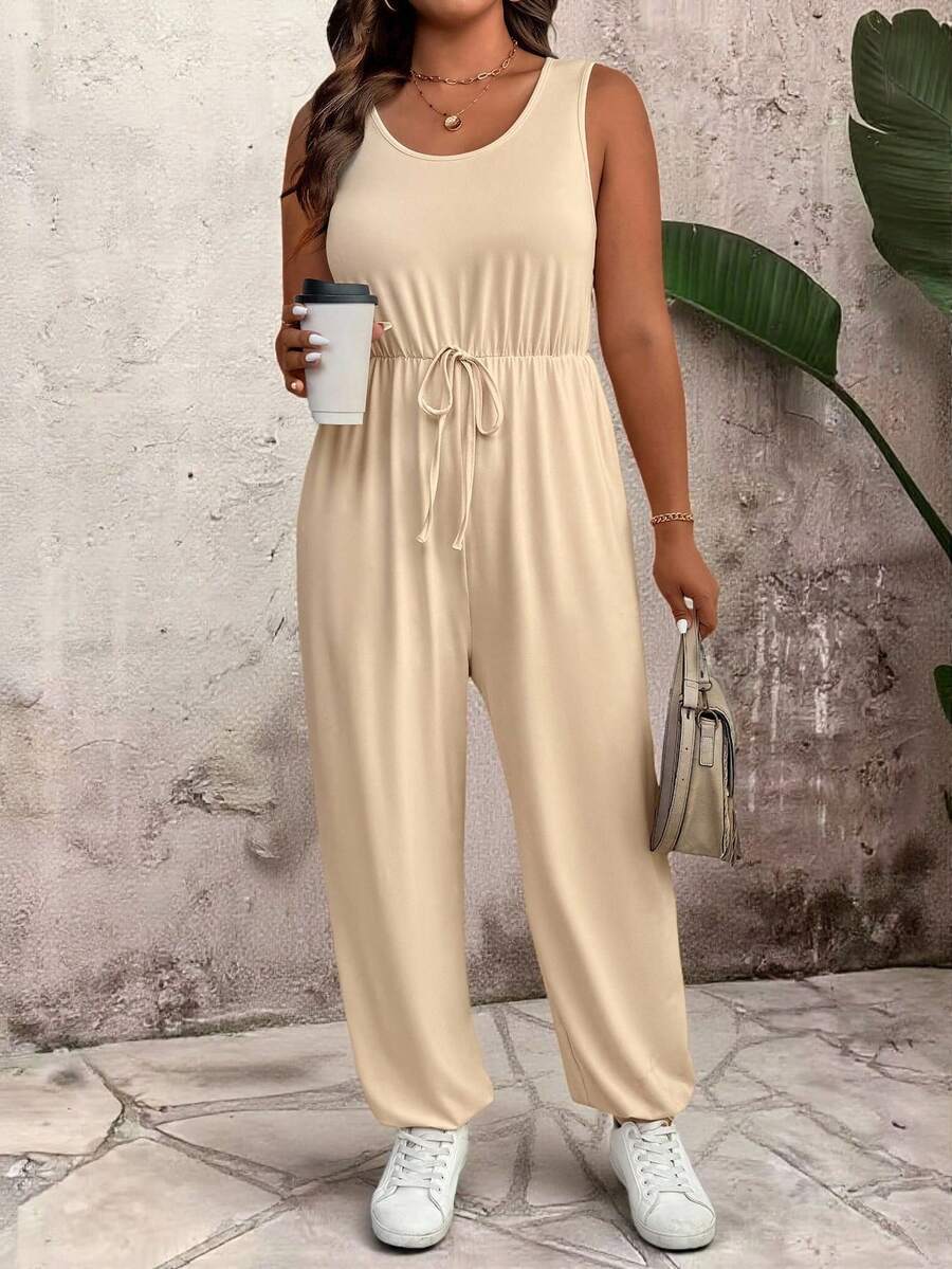 SHEIN LUNE Bộ đồ liền thân không tay đơn giản, đa năng, thường ngày cỡ lớn dành cho nữ - Màu Khaki - Xem 1