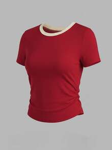 Resyla Women's Casual Basic Sexy Colorblock Round Neck Short Sleeve Top, Summer Golf White - Red - View 5