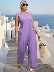 Linhara CURVE 大码优雅连体裤，百搭设计，适合工作、派对、约会等场合，收腰设计，后背蝴蝶结细节，女士休闲装、女士夏季装、女士春季装、女士夏季套装 - 紫色 - 查看 3