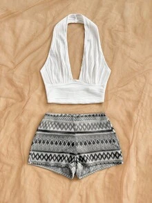 Soleia 波西米亚浪漫花卉度假两件套：彩色条纹吊带背心和短裤，适合休闲海滩、婚礼宾客、毕业典礼、圣帕特里克节、春假、复活节、音乐节等场合。 - 黑與白 - 查看 2