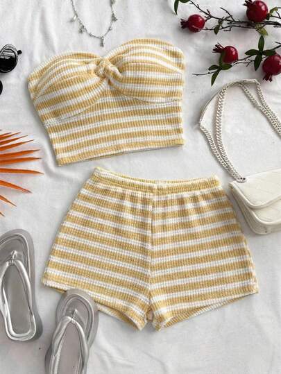 Soleia Women's Vacation Vibrant Red & White Striped Textured Bandeau Twist Top And Super Short Casual Shorts 2 Pieces Set, Suitable For Dates, Parties, Casual Beach Getaways