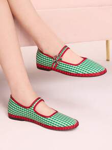 CUCCOO DOLLMOD 女士经典绿色格纹撞色条纹单条纹平底鞋 - 小格子綠色 - 查看 4