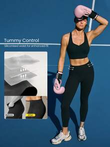 GLOWMODE 24" FeatherFit™-Sculpt Sweat-O-Clock Compressive Anti-Roll Tummy Control No Front Seam Side Pockets Leggings Low Impact Training Running Workout Gym - Black - View 5
