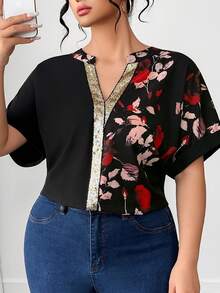 EMERY ROSE Fashionable Casual French Retro V-Neck Sequin Decor Rose Print Shirt - Black - View 7