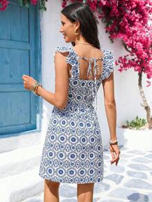 Vivid Eden 女士休闲优雅浪漫V领蓝色印花连衣裙，春夏款 - 藍白色 - 查看 2