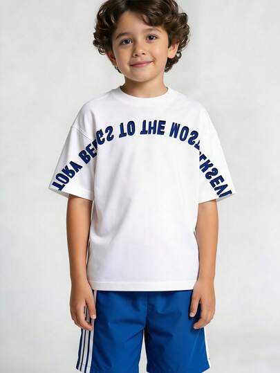 SHEIN 2pcs Young Boys Casual, Comfortable, Versatile, And Sporty Two Pieces Set: Color-Blocked English Letter Print Short-Sleeved Shirt And Shorts. Suitable For Everyday Wear, Casual Activities, School, And Lounging At Home. Perfect For Spring And Summer.