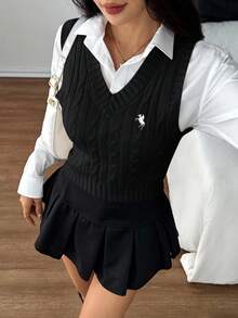 SHEIN PETITE 女式V领扭纹休闲针织骑士图案背心，秋冬 - 黑色 - 查看 8