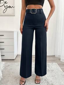 SHEIN Cottnline Women's Solid Color Toothpick Design Wide Leg Loose Elegant Commuter Pants - Navy Blue - View 4
