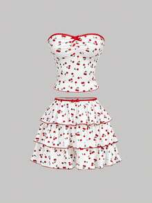 SHEIN MOD White And Red Cherry Print Two-Piece Set,Summer Cottage Core Picnic Holiday,Strapless Ruched Bustier Top & High-Waisted Tiered Ruffle Mini Skirt - Red and White - View 2