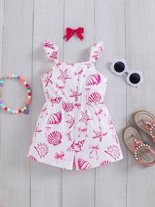 SHEIN 女婴休闲针织弹力可爱卡通图案吊带连体衣，适合夏季穿着 - 彩色 - 查看 3