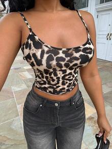 Alexandranx 女士修身豹纹露背吊带背心，简约休闲日常上衣，学院风上衣，情人节礼物 - 黑色 - 查看 3