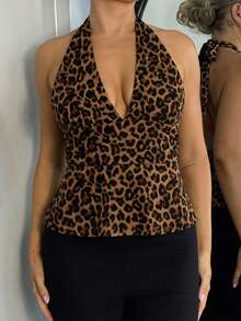 Bethéva Halter Deep V-Neck Cinched Waist A-Line Backless Vintage Style Tank Top - Multicolor - View 3