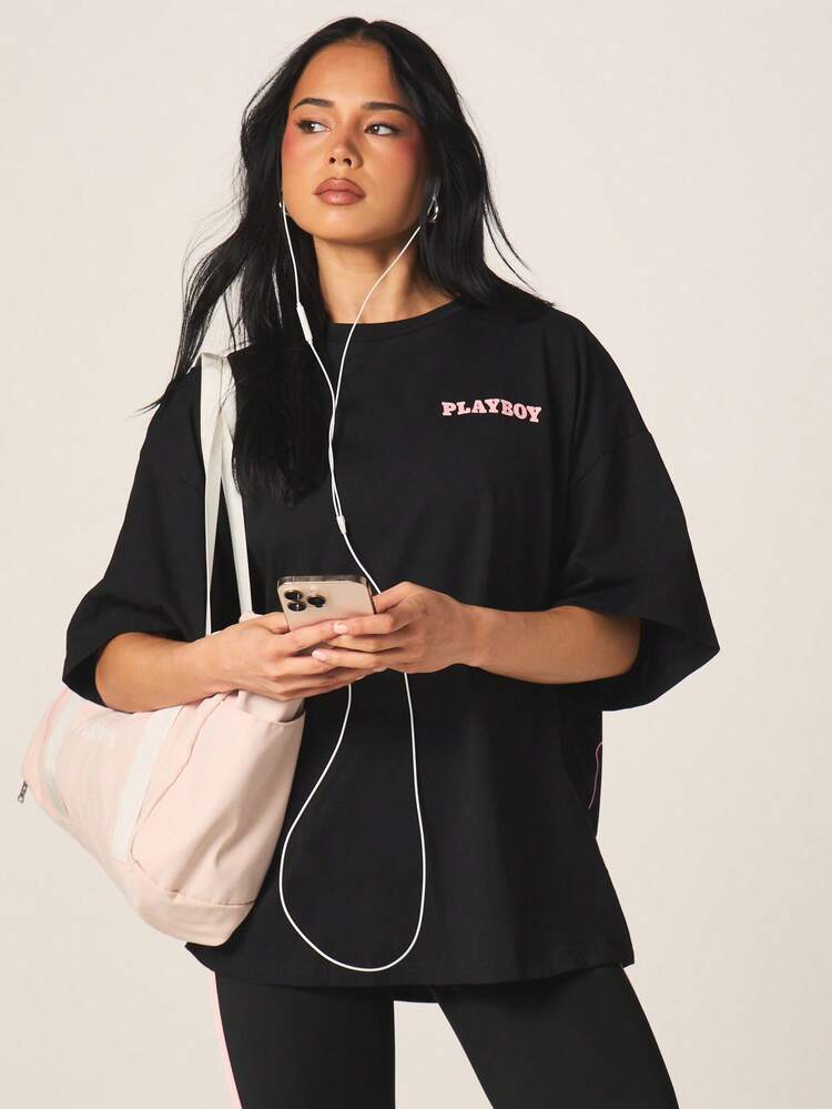 Missguided x Playboy Oversized Graphic T Shirt With Pink Bunny Print Short Sleeve Crew Neck Cotton Casual Streetwear Fashion Top