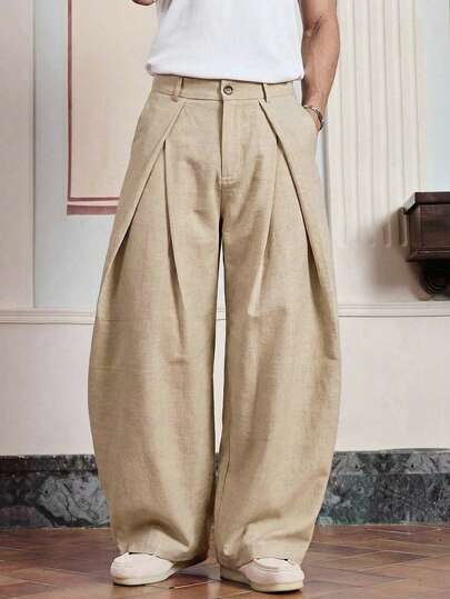 SWAVVY Pantalones casuales relajados de unicolor con bolsillo y pliegues para hombres