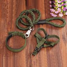 Three Pieces Set Of Large Dog Thick Braided Nylon Rope, Pet Leash, Collar - Army Green - View 7