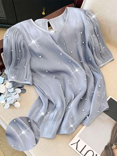 Franclia 女士奢华珍珠串珠法式衬衫，优雅圆领珍珠装饰短袖衬衫，适合通勤，女士优雅上衣