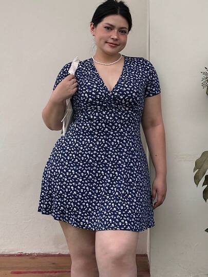 CovetEZ Vestido de línea A de talla grande para mujer con estampado floral casual de verano