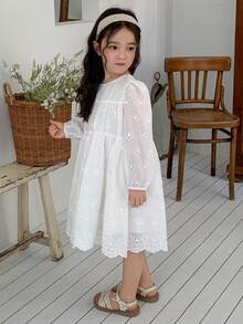 Dazy Kids Đầm suông tay cánh hoa màu trơn kiểu dáng thường ngày cho bé gái, thích hợp cho kỳ nghỉ hè/thu/xuân. - trắng - Xem 7