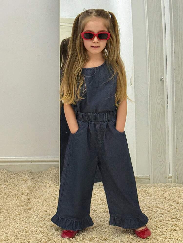 Young Girl Round Neck Sleeveless Top And Ruffle Hem Wide Leg Jeans Set